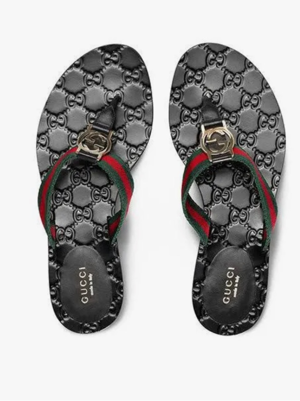 Gucci Black Leather Thong Sandals GG with Green and Red Web Straps